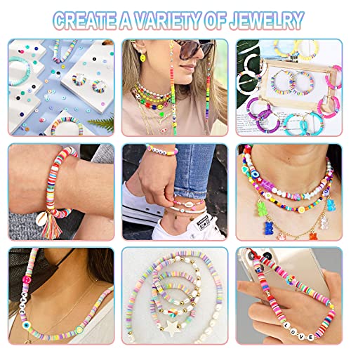 QUEFE 12000pcs Clay Beads Bracelet Making Kit, 80 Colors Flat Clay Heishi Beads Polymer Clay Beads with Letter Beads, Fruit Flower Clay Beads and Smiley Beads for Jewelry Bracelet Necklace Making