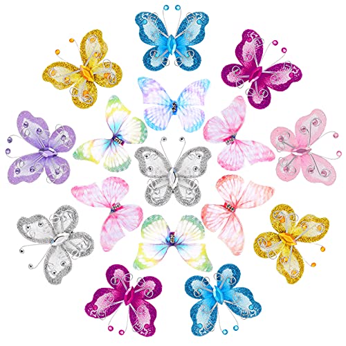 36 Pieces Craft Butterfly Organza Wire Butterfly Colorful Butterfly Wall Decor 3D DIY Butterfly Ornament 2 Layers Butterfly for Wedding Parties Ornament Appliques Decoration Accessories