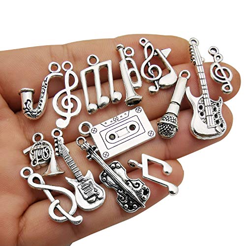 WOCRAFT 50pcs Wholesale Bulk Lots Instrument Music Notes Charms for Jewelry Making Mixed Smooth Tibetan Silver Metal Charms Pendants DIY for Jewelry Making Necklace Bracelet and Crafting (M354)