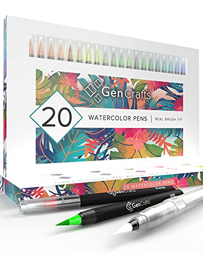 Watercolor Brush Pens by GenCrafts - Set of 20 Premium Colors - Real Brush Tips - No Mess Storage Case - Washable Nontoxic Markers - Portable Painting