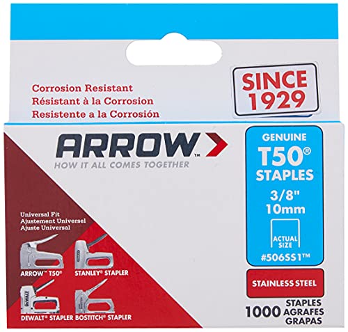 Arrow Fastener 506SS1 Heavy Duty T50 Stainless Steel Staples for Upholstery, Construction, Furniture, Crafts, 3/8-Inch Leg 3/8-Inch Crown Size,Length, 31000-Pack