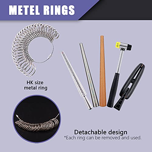 Wokape 12Pcs Ring Sizer Measuring Tool Kit, Including Ring Mandrel, Ring Gauge Finger Sizer, White (1-17) Ring Sizer, Jewelry Hammer, Ring Clamp, Ring Size Adjusters with Polishing Clothes