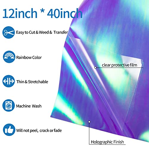 VINYL FROG Holographic Heat Transfer Vinyl 12"x 40"(2 by 12"x 20"/Sheet)Purple Blue Hyacinth Iron On Opal Viny for Clothing and Fabric