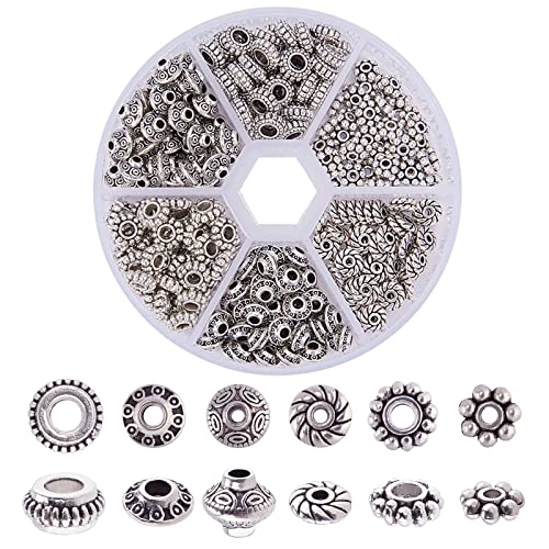 PH PandaHall 300pcs 6 Style Antique Silver Spacer Beads, Tibetan Metal Alloy Jewelry Beads Tube Spacers Flower Flat Rondelle Small Loose Beads for Bracelet Necklace Earring Jewelry Making Supplies