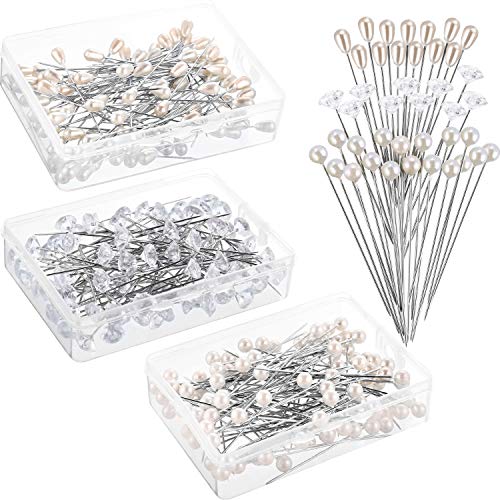Zonon 300 Pieces Corsages Pins Pearl Pins Wedding Floral Bouquet Pins Flower Pins Diamond Head Pins Straight Pins for Weddings Anniversary Flower Decoration Table Centerpieces, 3 Styles (White)