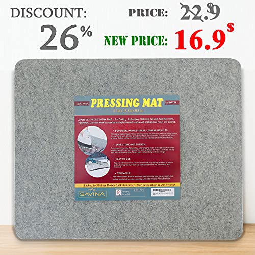 Wool Pressing Mat - 17" x 13.5" Quilting Ironing Pad - 100% New Zealand Felted Wool Iron Board for Quilters, Great for Quilting & Sewing Projects by Savina