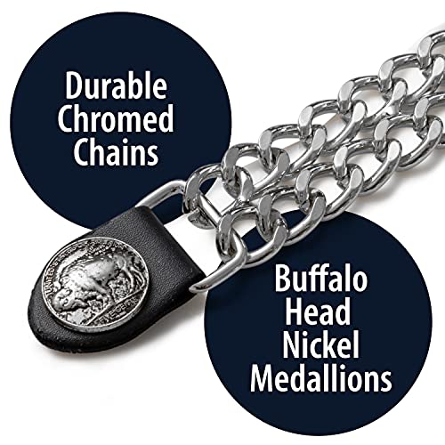 Diamond Plate 4-Piece Vest Extender Set - Chrome Finish Chains, Faux Leather Ends, Nickel Button with Buffalo Engraving - Attaches to Most Vest Sizes - 6.5 Inch Extensions