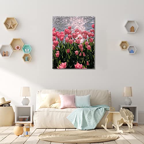 VIGEIYA 16x20in DIY Paint by Numbers for Adults Include Framed Canvas and Wooden Easel with Brushes and Acrylic Pigment (Pink Tulips)