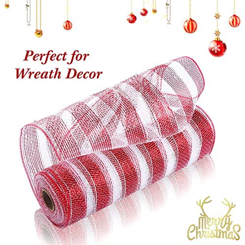 4 Rolls Mesh Ribbon, Metallic Foil Mesh Ribbon Metallic Mesh Ribbon for Door Wreath DIY Crafts Making Supplies (Red White,10 Inch)