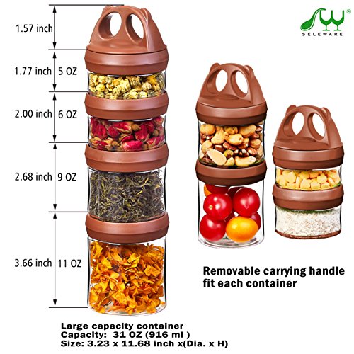 SELEWARE Portable Stackable Food Storage Containers for Snacks Formula Powder and Drinks Twist Lock System Airtight Leak-proof BPA and Phthalate Free 4 Piece Jars 31oz Brown