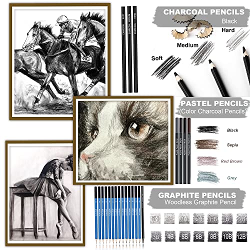 KALOUR 82 Pack Drawing Sketching Pencils Kit, Premium Sketch Art Supplies for Artists, Include Colored, Graphite, Charcoal, Watercolor,Metallic & Pastel Pencils, Drawing Set for Adults Teens Beginner