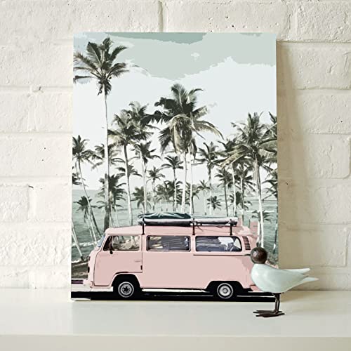 Tucocoo Coastal Scenery Paint by Numbers Kits 16 x 20 inch Canvas DIY Oil Painting for Kids, Students, Adults Beginner with Brushes and Acrylic Pigment - Palm Pink Car Photo (Without Frame)