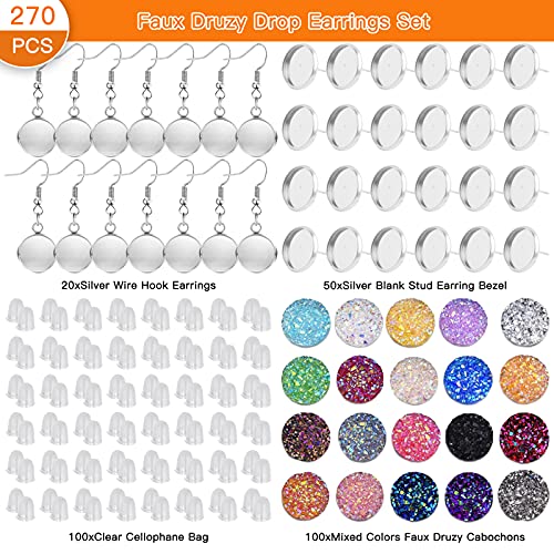 270Pcs Faux Druzy Drop Earrings Set,20Pcs Earrings Wire Hooks Blanks 50Pcs Stud Earrings 100Pcs Mixed Color Faux Quartz 100Pcs Rubber Earring Back for DIY Jewelry Making Findings,Earring Supplies