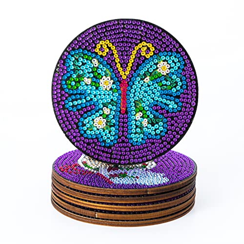 VVBAOZI 6pcs/Set Diamond Art Coasters with Butterfly DIY Butterfly Diamond Painting Coasters with Holder for Beginners Adults and Kids