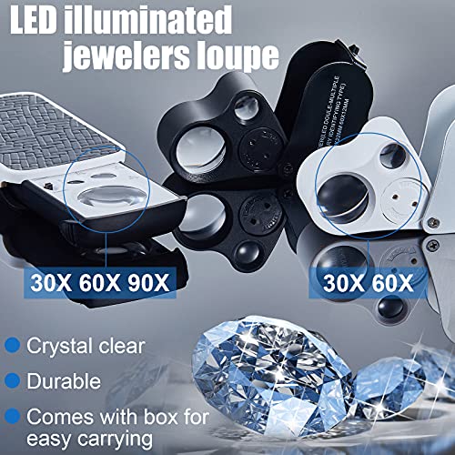 Gunoff 3 Pieces Jewelry Loupe 30X 60X 90X Illuminated Magnifier Jewelers Eye Loupe Foldable Jewelry Pocket Magnifying Glass Loop with UV Black Light LED Light for Gems Coins Stamps Plants Watch Rock