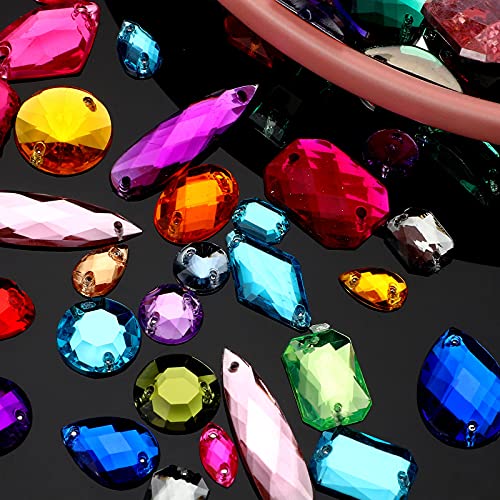 500 Pieces Sewing Gems Acrylic Sewing Crystal Mixed Shapes Sew On Rhinestones with 2 Holes for Clothes Sewing Beads Decorations (Multicolor)