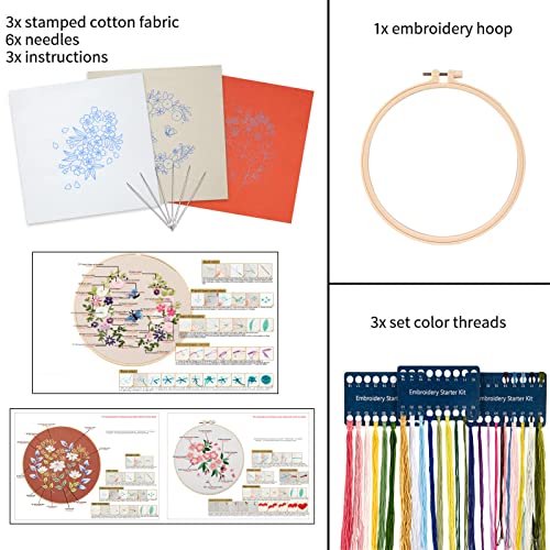 chfine 3 Pack Embroidery Starter Kit with Pattern, Cross Stitch Kit for Adults Beginners, Including Stamped Embroidery Cloth with 1 Embroidery Hoops, Color Threads and Tool(Mothers Day Gifts)