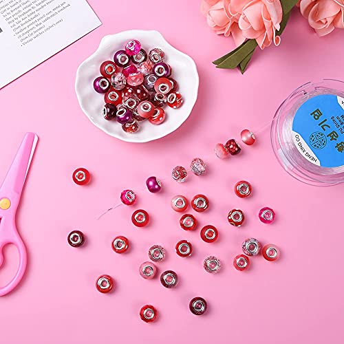100 PCS Assorted European Craft Beads Big Hole Crystal Lampwork Spacer Beads Colorful Antique Silver Beads Rhinestone European Beads for DIY Necklace Bracelet Jewelry Making (Siam)