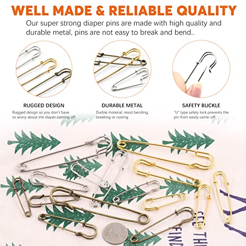 Rustark 120Pcs 5 Sizes Premium Heavy Duty Large Safety Pins for Blankets, Sweater, Scarf, Kilts, Clothes and DIY Crafts Making (Silver Gold Bronze)