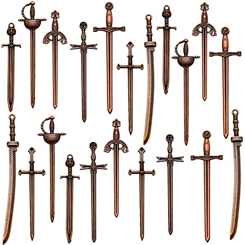 21 Pieces Sword Bookmark Miniature Sword Charms Mini Antique Sword Knife Pendants for Bookmarks DIY Necklace Bracelace Jewelry Making (Red Bronze)