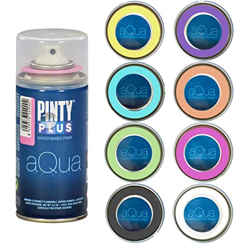 Pintyplus Aqua Spray Paint - Art Set of 8 Water Based 4.2oz Mini Spray Paint Cans. Ultra Matte Finish. Perfect For Arts & Crafts. Spray Paint Set Works on Plastic, Metal, Wood, Cardboard