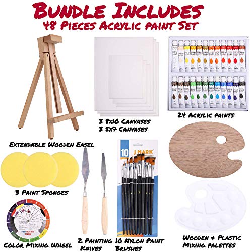 J MARK 48pc Deluxe Painting Kits for Adults - Includes Adjustable Wood Easel, Thick Canvases, Acrylic Paints, Brushes Set,Wooden and Plastic Palettes, 2 Painting Knives, 3 Sponges, Color Mixing Wheel