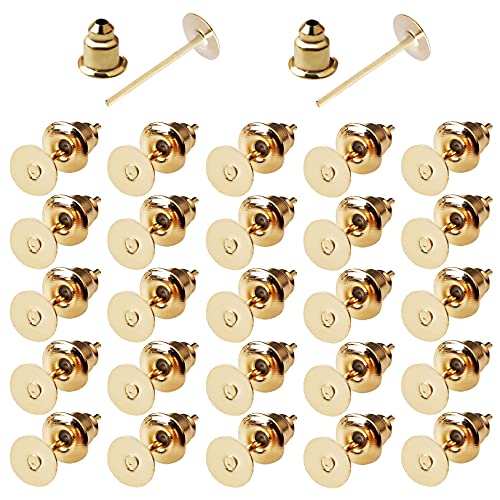 200 Pcs Earring Posts and Backs, Hypoallergenic Stainless Steel Earrings Posts Flat Pad Blank Earring Studs with Bullet Earring Backs for Jewelry Making Findings (Gold)