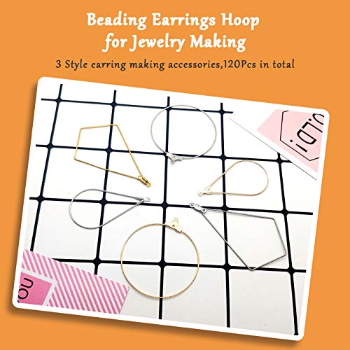 120Pcs Beading Hoop Earrings for Jewelry Making,Round Beading Earrings Hoop Bulk Jewelry Making Beading Supplies Teardrop Rhombus Geometric Earring Hoop for DIY Craft Earring Hoops(Gold K/White K)