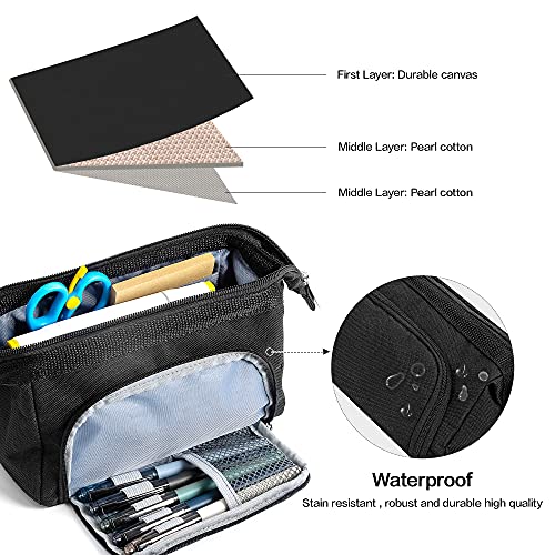 Deli Big Capacity Pencil Case Pouch Bag Pen Boxes, Large Storage Pouch Marker Pen Case Stationery Bag for Teens Girls Adults Student, Black