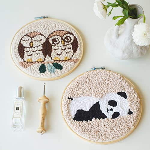 Wool Queen 2 PCS Punch Needle Starter Kit | Animal Rug Hooking Beginner Kit, with an Adjustable Embroidery Pen and 8.6'' Hoop for Kids Adults Craft Gift-Panda & Owls