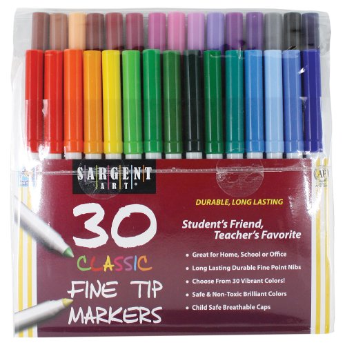Sargent Art 22-1592 30 Count Classic Markers, Fine Conical Tip, Plastic Peggable Pouch