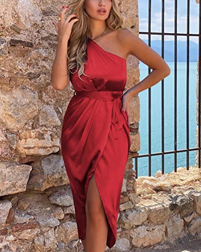 PRETTYGARDEN Women's Ruched Bodycon Dress Asymmetrical Sleeveless One Shoulder Wrap Satin Belted Cocktail Midi Dress(Red,X-Large)