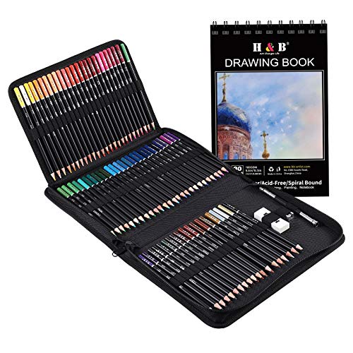 H & B 76 Colored Pencils & Sketchbook Drawing Kit, Artist Coloring Supplies for Adults Kids Beginner -Sketching Blending丨Soft Oil Base Core, Professional Coloured Set with Case Sharpener Art Paper