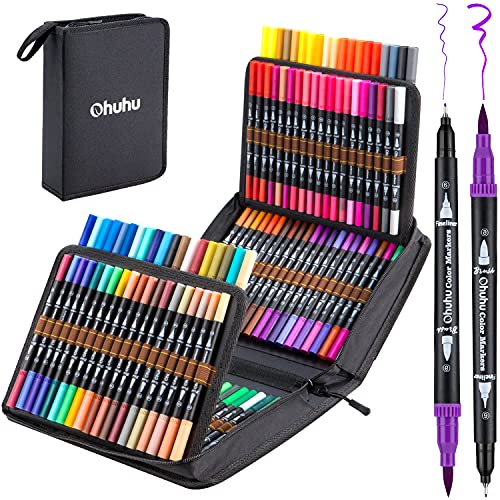 Ohuhu Art Markers, Dual Tips, 120 Colors Marker Set, Coloring Brush Fineliner Color Pens, Water Based Marker for Calligraphy Drawing Sketching Coloring Bullet Journal Art Supplies Black
