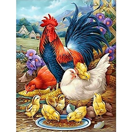 MXJSUA Rooster Diamond Painting Kits for Adults, Diamond Art Rooster, Diamond Art 5d Full Drill Rooster Round Diamond Painting Roosters, Hen Chick Diamond Dots Bead by Numbers Kits 12x16 inch