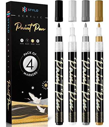 Stylo 4 Count Acrylic Metallic Pens - Black, Gold, Silver And White Paint Pens - Fine Tip Permanent Acrylic Metallic Paint Markers for Rock Painting, Glass, Wood, Arts and Crafts for Adults
