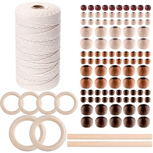 109 Yards 3Mm Natural Macrame Cord with 6piece Wood Ring 2piece Wooden Stick and 100 pcs Wood Beads for Crafts DIY Plant Hangers Macrame Wall Hanging Woven