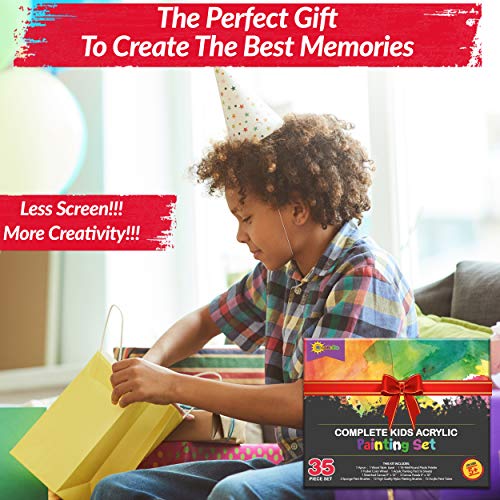 RISEBRITE Kids Art Set 35 Pcs – Deluxe Acrylic Paint Set for Kids Includes Non Toxic Paint, Tabletop Easel, Paint Brushes, Canvas, Painting Pad, and More Premium Art Supplies