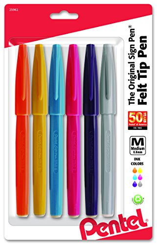 Pentel Arts Sign Pen Brush Tip, Assorted Ink, 6-Pk (S520RBP6M)