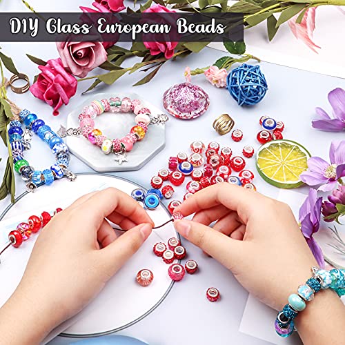 50 Pieces Assorted European Beads with Copper Core Big Hole Resin Spacer No Copper Core Lampwork Colorful Beads Rhinestone Craft Beads for Bracelet Jewelry Making