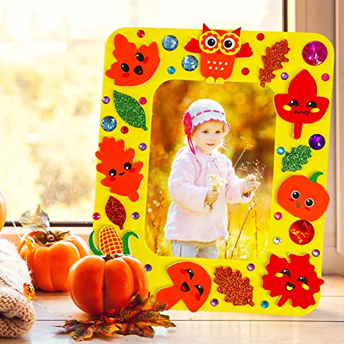 Winlyn 12 Sets Fall Craft Kits Fall Thanksgiving Picture Frame Decorations Art Sets Tree of Thanks Turkey Owl Smile Face Pumpkin Autumn Leaf Foam Stickers Arts and Crafts for Kids Party Activities