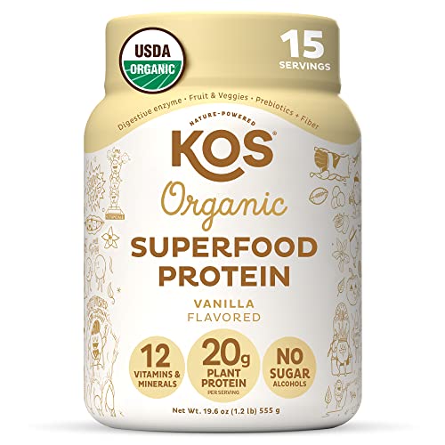 KOS Vegan Protein Powder Erythritol Free, Vanilla - USDA Organic Pea Protein Blend, Plant Based Superfood Rich in Vitamins & Minerals - Keto, Dairy Free - Meal Replacement for Women & Men, 15 Servings