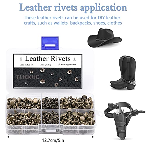 TLKKUE 240 Sets Rivets for Leather, Leather Rivets 3 Sizes Leather Double Cap Rivets for DIY Leather Craft, Bags/Clothes/Shoes/Belts Decoration or Repair (Bronze)