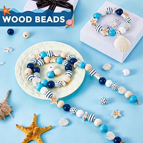 100 Pcs Ocean Theme Wood Beads for Crafts Colored Wooden Beads with Holes Blue Nautical Beads Starfish Conch Seashell Round Spacer Beads Polished with Rope for DIY Arts Summer Beach Party Decoration