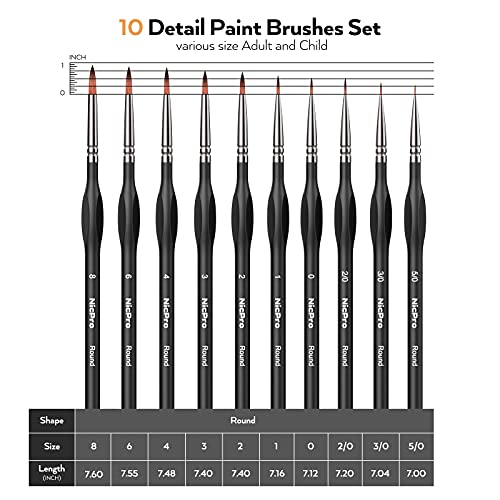 Nicpro Micro Detail Paint Brush Set,10 Small Professional Miniature Fine Detail Brushes for Watercolor Oil Acrylic, Nail Art, Models Rock Painting kit, Figures, Paint by Number -Come with Holder & Bag