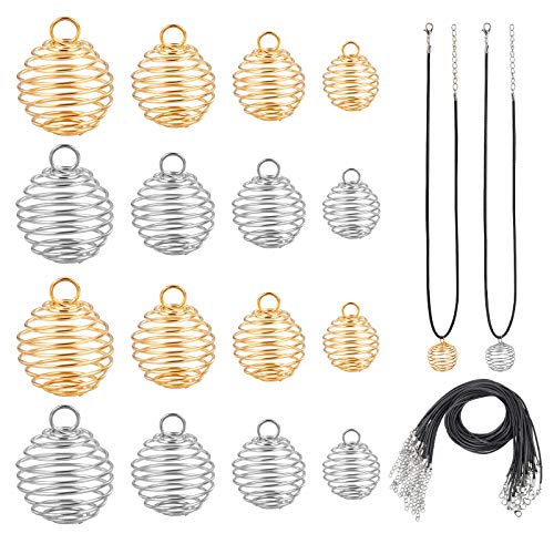PH PandaHall 72pcs Spiral Bead Cage Pendants Set 48pcs 4 Sizes Iron Stone Holder Cage Necklace Pendants with 24pcs Leather Cord for Jewelry Making Crafting, 9/15/25/30mm