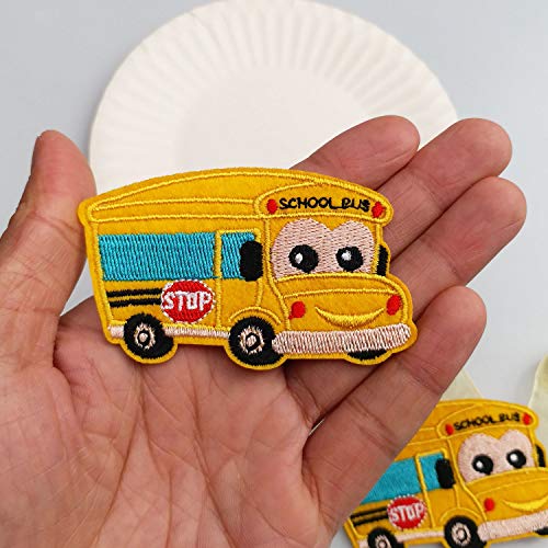 2.9“x1.6” 12pcs Back to School Bus Yellow Iron On Embroidered Patches Appliques Machine Embroidery Needlecraft Projects Boys Girls Kids DIY
