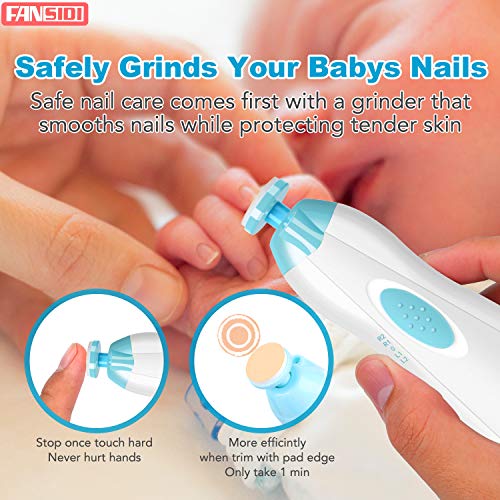 Baby Nail Clippers, FANSIDI Safe Baby Nail Trimmer Baby Nail File Electric with 10 Filing Pads 8 Sandpapers for Newborn Infant Toddler or Adult Toes Fingernails Care - AA Battery Operated (White/Blue)