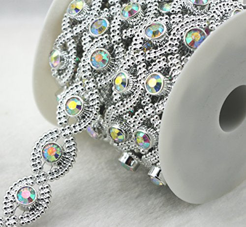 AEAOA 5 Yards 4/5" Silver Oval Shaped Pearl Crystal AB Rhinestone Chain Sew On Trims Wedding Dress Decoration (LZ142)