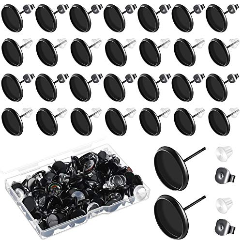 300 Pieces Stud Earring Kit Include 100pcs 12 mm Stainless Steel Blank Stud Earring Bezel Settings 100 Rubber Backs 100 Stainless Steel Earring Backs (Black with Black and Clear)
